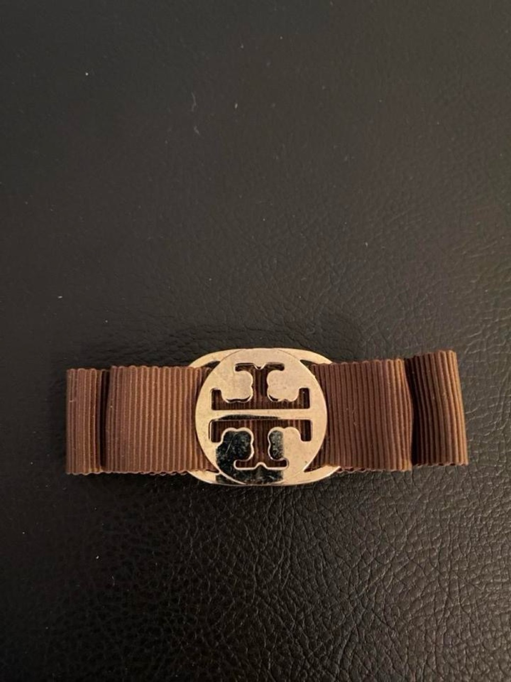 Tory Burch Brown Ribbon Hair Clip with Gold Logo